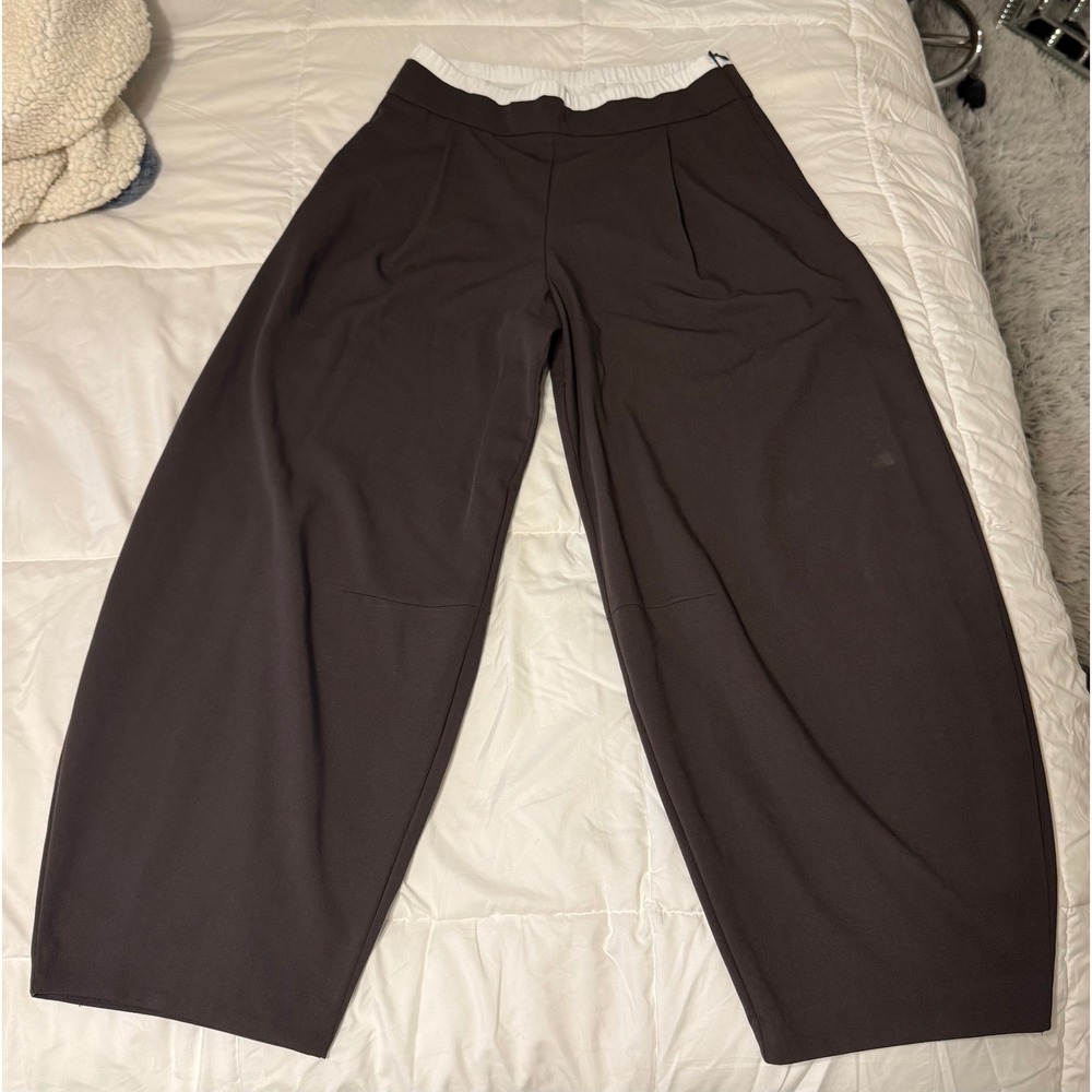 Zara Espresso Brown Wide Leg Trousers Contrast Waistband Pleated Pants Small - Picture 1 of 3